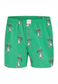 Boxers verts ornés d'un motif de lapin en dessin animé tenant une carotte. Taille élastique avec une patte de boutonnage à l'avant et des boutons rouges.