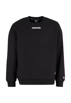 Black sweatshirt made of cotton blend, featuring a round neckline, long sleeves, and white "STARTER" logo on the chest. Ribbed cuffs and hem.