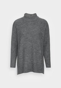 Harmaa poolopaita ribbikuvioisesta neuloksesta, jossa on pitkät hihat, rento malli ja hieman pidempi takakupu.