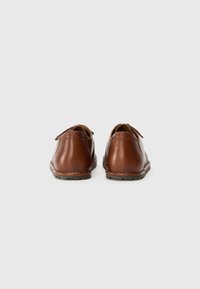 Brown leather shoes with a smooth finish, rounded shape, and stitched detailing. Features a lace-up design and rubber soles for traction.