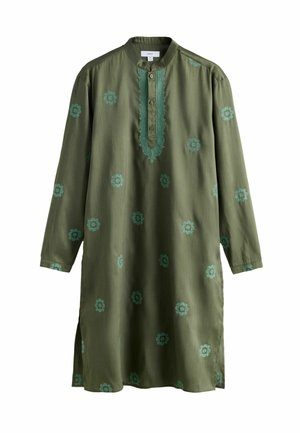 Olive green tunic with floral embroidery in teal. Features a mandarin collar, buttoned placket, and side slits. Made of soft fabric.