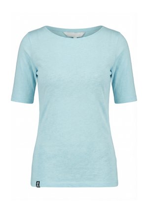 Light blue short-sleeve crew neck t-shirt with a small black brand tag at the bottom hem, displayed on a white background.