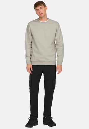 Man klädd i ljusgrå sweatshirt, svarta cargobyxor och svarta sneakers som står mot en enkel ljus bakgrund.