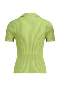 Ribbed short-sleeve top in light green, featuring a collared neckline and a fitted waist for a tailored look. Soft, textured fabric.
