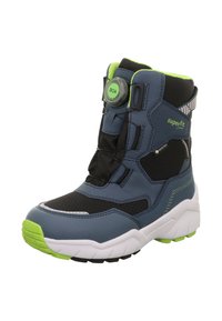 Dětské boty s tmavě modrým a černým designem a neonově zelenými akcenty, voděodolný materiál, BOA systém šněrování a texturovaná podrážka.