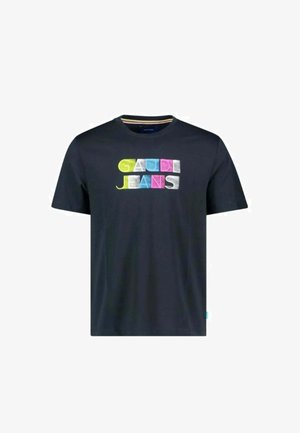 Maglietta in cotone blu navy scuro con testo "GAUDI JEANS" in lettere ricamate multicolori. Design a maniche corte e colletto rotondo.