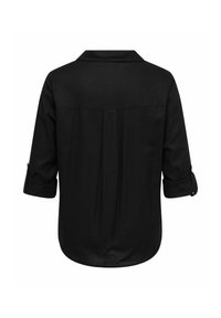 Schwarzes Langarmhemd mit aufgerollten Manschetten, Rückenpasse und mittiger umgekehrter Falte, sichtbarer Kragen, vor weißem Hintergrund präsentiert.