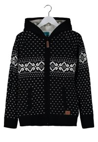 Sweat à capuche noir zippé avec motifs de flocons de neige blancs et petits accents blancs, doté d'une capuche doublée en polaire et de poches avant, suspendu à un cintre blanc.