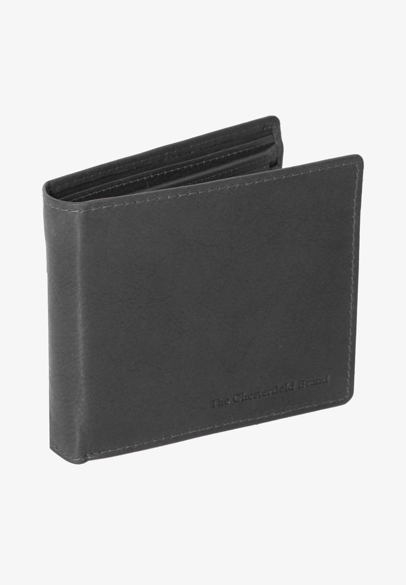 Black leather wallet with stitched edges, bi-fold design, and embossed logo on the front. Features multiple card slots and a smooth texture.