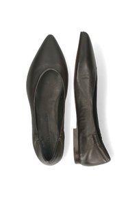 Bailarinas de cuero marrón con un diseño de punta afilada, textura suave y estilo minimalista sin hebillas. Cuentan con un bajo tacón de madera.