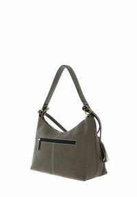 Gray leather handbag with a soft texture, triangular shape, a contrasting black zip pocket, and double shoulder straps with gold accents.