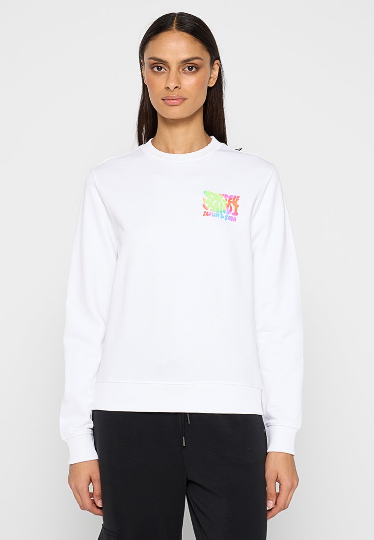 Weißer Sweatshirt mit Rundhalsausschnitt, das auf der linken Brust eine bunte, abstrakte Grafik zeigt. Weicher Stoff mit bequemer Passform.