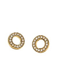 Złote kolczyki w kształcie obręczy z okrągłym wzorem, zdobione przezroczystymi kryształami na krawędzi, prezentujące gładką, lustrzaną powierzchnię.
