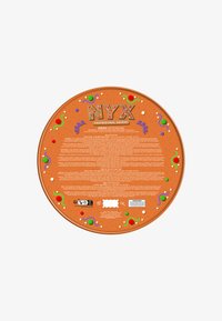 Ronde oranje verpakking met een textuur oppervlak, versierd met kleurrijke spiralen en stippen. Bevat productinformatie en merkidentiteit.