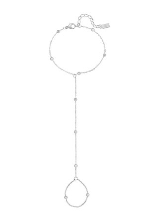 Delicate silver hand chain bracelet with small beads, featuring a loop for finger and adjustable clasp for wrist.