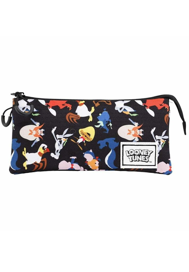 Estuche de lápices negro con siluetas vibrantes de personajes de dibujos animados. El material es tela con un cierre de cremallera y un parche blanco con el logo.