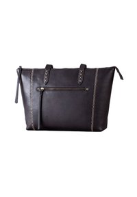 Black leather tote bag with two handles, front zipper pocket, and contrasting beige stitching detail along the sides and top.