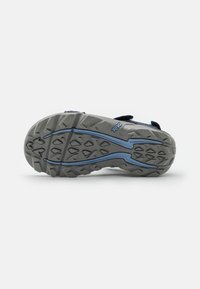 Gray rubber sole with textured tread pattern and blue accents. Features sturdy support straps for secure fit and durability.