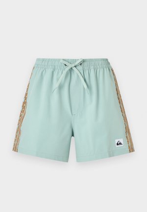 Lichtblauwe zwembroek met elastische tailleband, aantreklintje en bruine patroon zijstrepen, met een klein Quiksilver-logo patch.