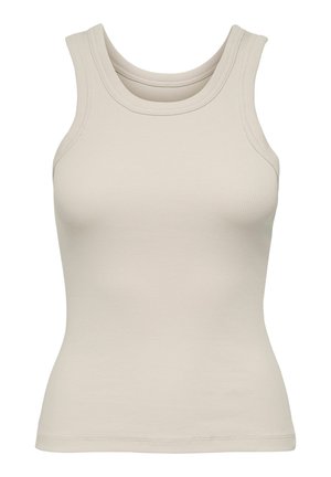 Μπεζ ριμπ αμάνικη μπλούζα με στρογγυλή λαιμόκοψη, εφαρμοστή σιλουέτα και ραμμένο τελείωμα στο κάτω μέρος.
