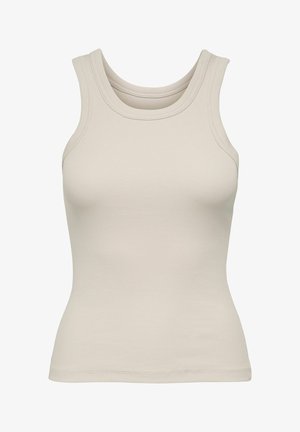 Μπεζ ριμπ αμάνικη μπλούζα με στρογγυλή λαιμόκοψη, εφαρμοστή σιλουέτα και ραμμένο τελείωμα στο κάτω μέρος.