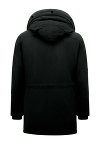 Zwarte, gewatteerde parka met capuchon en rechte snit. Voorzien van verstevigde naden en een gladde, matte textuur. Geen zichtbare merklogo's of accenten.