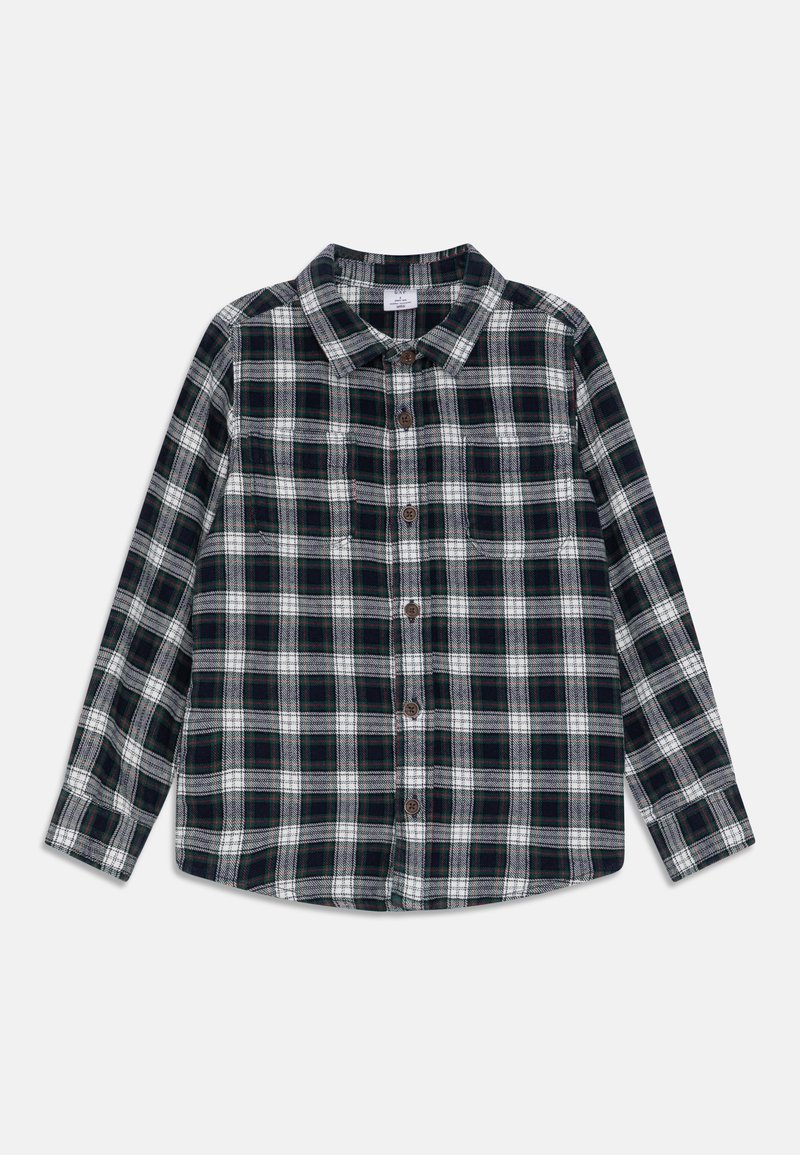 Chemise à manches longues boutonnée à carreaux noirs, blancs et gris avec col, posée à plat sur un fond gris clair.
