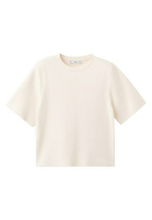 Kortærmet, off-white t-shirt med rund halsudskæring, centralsøm og lige kant, vist på en hvid baggrund.