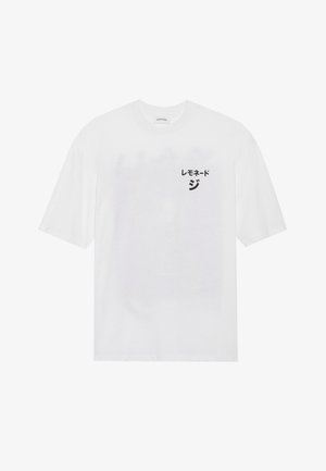 White cotton t-shirt with short sleeves, featuring black text in Japanese on the left chest area. Simple round neckline, relaxed fit.