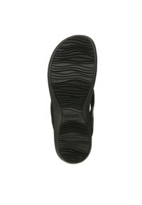 Sandale noire avec semelle en caoutchouc texturée présentant un motif en vagues. Marque "Vionic" embossée sur la semelle. Dessus doux et flexible.