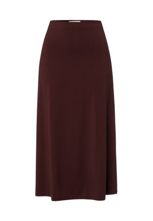 Jupe midi bordeaux en tissu stretch doux, dotée d'une taille ajustée et d'une légère forme évasée. Design sans coutures avec aucune fermeture visible.