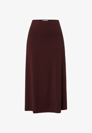 Bordeaux Midi-Rock aus weichem Stretchstoff, mit einem taillierten Bund und einer leichten A-Linie. Nahtloses Design ohne sichtbare Verschlüsse.