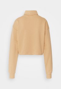 Zkrácená mikina s dlouhým rukávem z měkké béžové bavlny, s strukturovaným límcem a žebrovanými manžetami. Minimalistický design bez dalších vzorů.