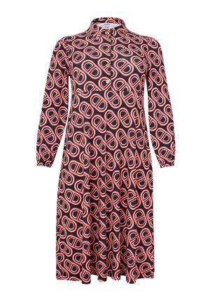 Robe à manches longues noire, avec un motif ovale rouge et blanc répétitif. Patte de boutonnage au col et poignets froncés.