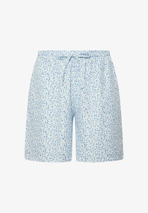 Shorts bleu clair avec un petit motif floral bleu, taille élastique et cordon de serrage noué à l'avant.