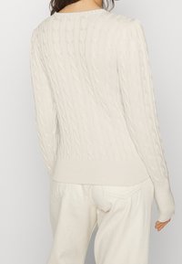 Světlobéžový svetr s pleteným vzorem a dlouhými rukávy, s žebrovaným lemem a manžetami, s texturovaným designem. Pohled zezadu jasně ukazuje vzor.