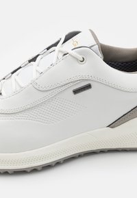 Baskets blanches en cuir avec lacets blancs, motif latéral perforé, doublure intérieure beige et étiquette métallique AMPHIBIOX près du talon.