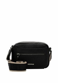 Black textured crossbody bag with a zippered front pocket and a striped detachable strap featuring the logo "EMILY&NOAH."