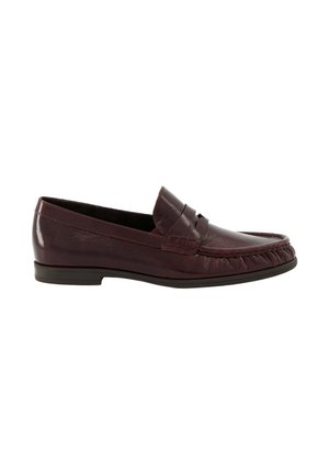 Dark brown leather men's loafer with low heel, penny strap, and detailed stitching along the toe area.