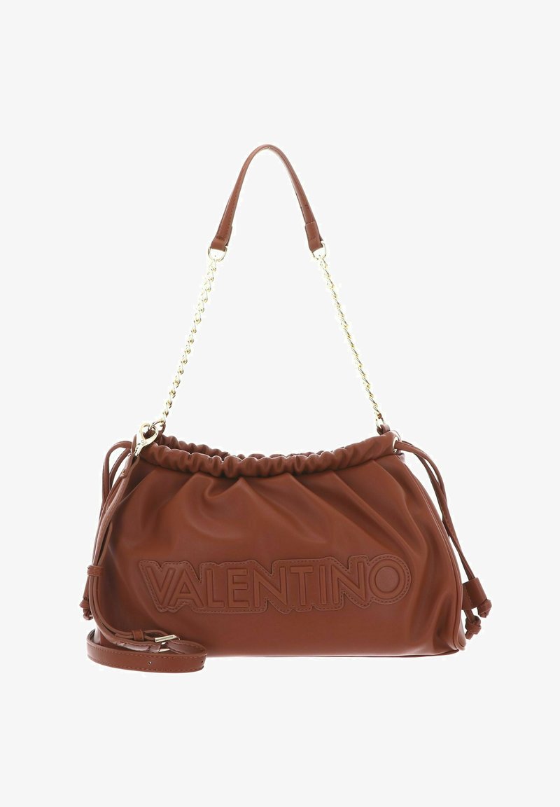 Brown leather handbag with a gathered top, featuring embossed "VALENTINO" logo, gold chain and leather strap, and soft, smooth texture.