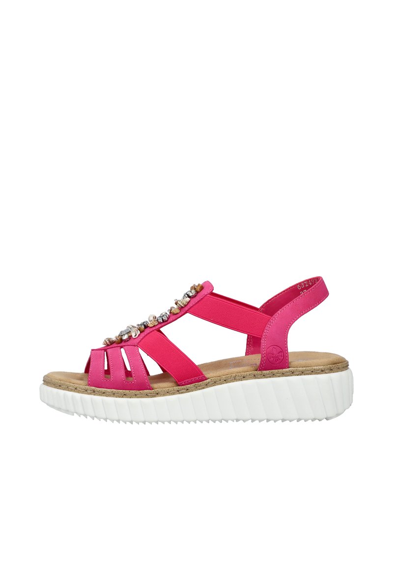 Roze sandaal met meerdere banden, versierd met decoratieve kralen. Heeft een witte, gegroefde zool en een zachte, gevoerde binnenzool.