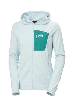 Lichtblauwe hoodie met ritssluiting en een petrolkleurige borstzak met een witte "HH"-logo en een capuchon, weergegeven op een witte achtergrond.