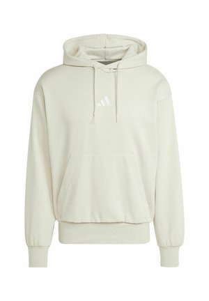 Felpa leggera beige con cappuccio regolabile, tasca frontale a canguro e discreto dettaglio del logo bianco. Presenta polsini e orlo a costine.