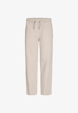 Beige Freizeithose mit elastischem Bund und Kordelzug, ausgestattet mit geradem Bein und leichtem Stoff.