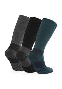 Three pairs of socks in varying shades: dark gray, solid black, and dark teal. Textured fabric with ribbed cuffs and reinforced heels.