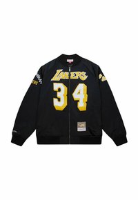 Schwarze Bomberjacke mit gelber "LAKERS"-Aufschrift, der Nummer "34", elastischen Bündchen und einem Etikett am Saum. Glatte Textur und Reißverschluss.