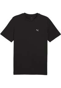 Black cotton t-shirt with short sleeves, crew neck, and a small white Puma logo patch on the left chest. Smooth texture and regular fit.