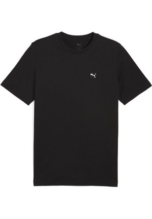 Črna bombažna majica s kratkimi rokavi, okroglim ovratnikom in majhnim belim logotipom Puma na levem prsnem delu. Gladka tekstura in običajen kroj.