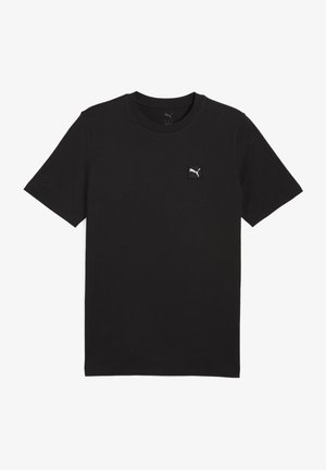 T-shirt negru din bumbac, cu mâneci scurte, gât rotund și un mic patch alb cu logo-ul Puma pe pieptul stâng. Textură netedă și croială obișnuită.