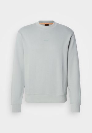 Hellgrauer Sweatshirt mit Rundhalsausschnitt, gerippten Bündchen und Saum sowie dezentem, geprägtem Logo auf der Brust. Weicher, glatter Stoff.